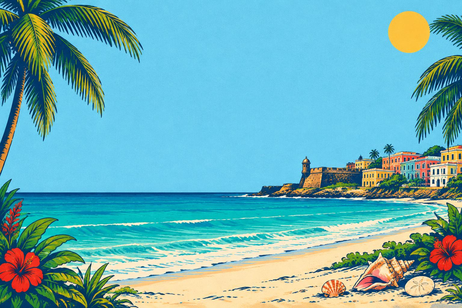 Illustrated Puerto Rican coast with palms, turquoise water and colorful San Juan buildings